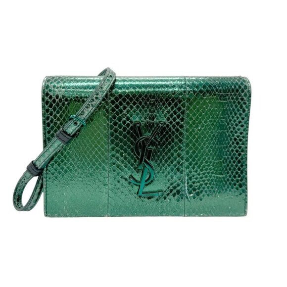 Auth SAINT LAURENT Shoulder Bag Metallic Green Embossed Leather - Picture 1 of 16